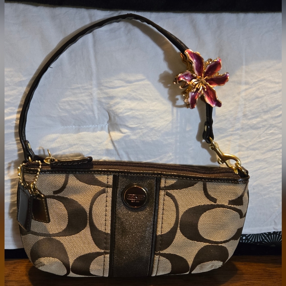 Coach Brown and Tan Signature Large Wristlet/Sm Shoulder Bag